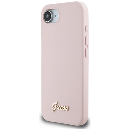 Deksel for Apple iPhone 16e, Guess, Script Metal Logo, Rosa