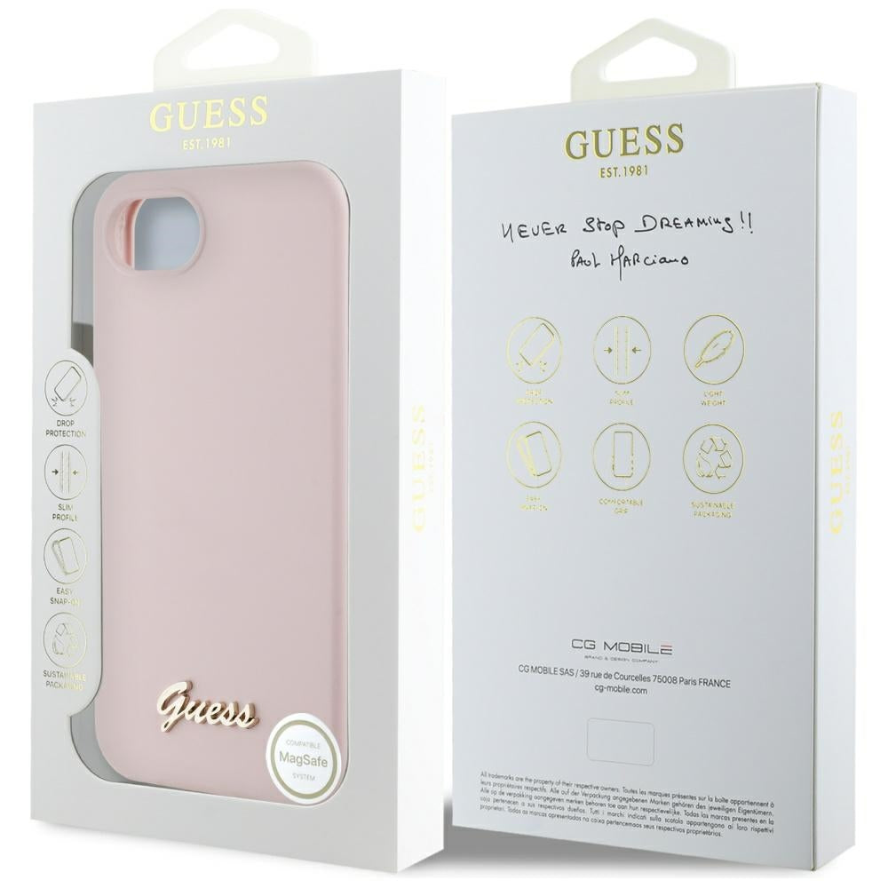 Deksel for Apple iPhone 16e, Guess, Script Metal Logo, Rosa