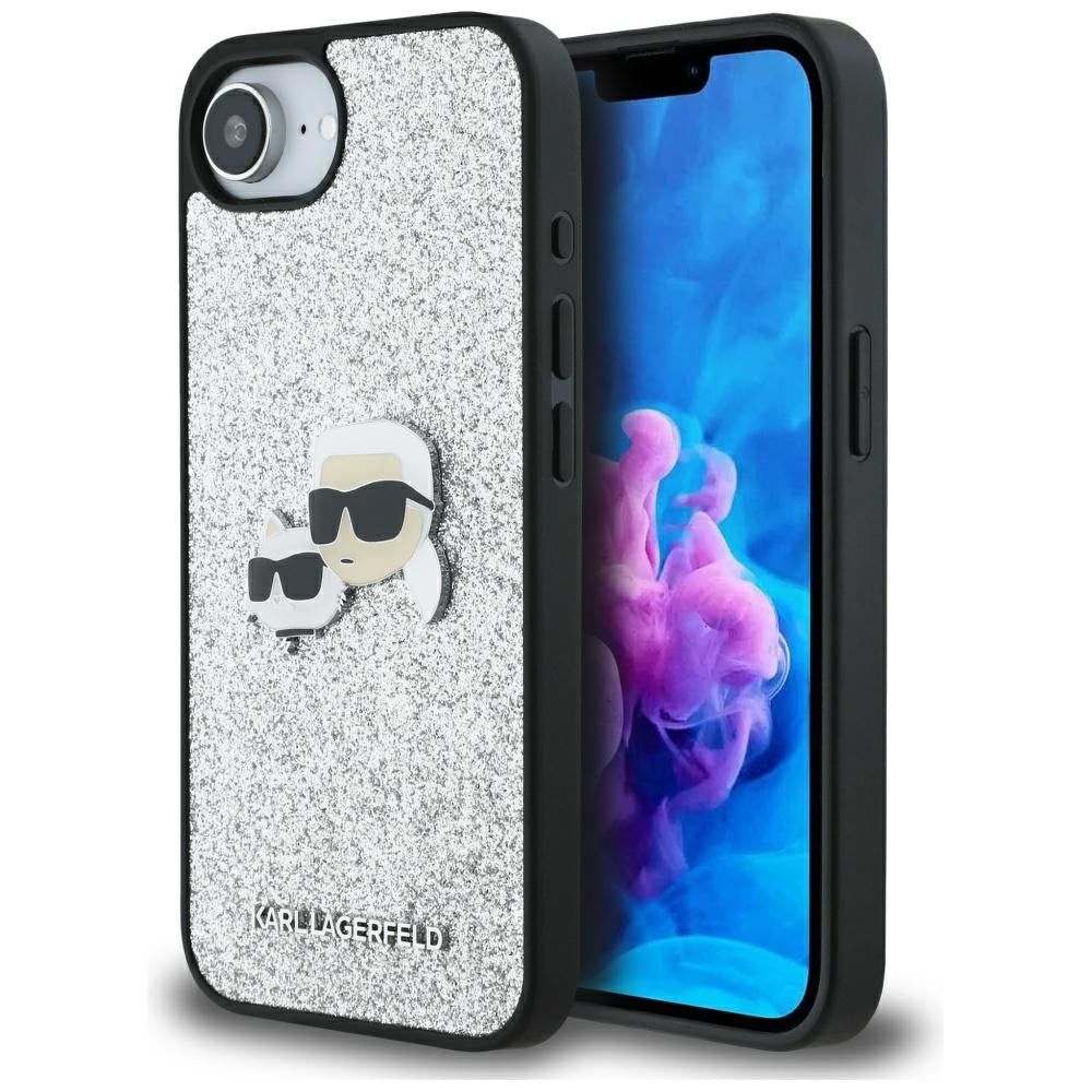 Deksel for Apple iPhone 16e, Karl Lagerfeld, Glitter Fixed Karl & Choupette's Heads, Sølvfarget