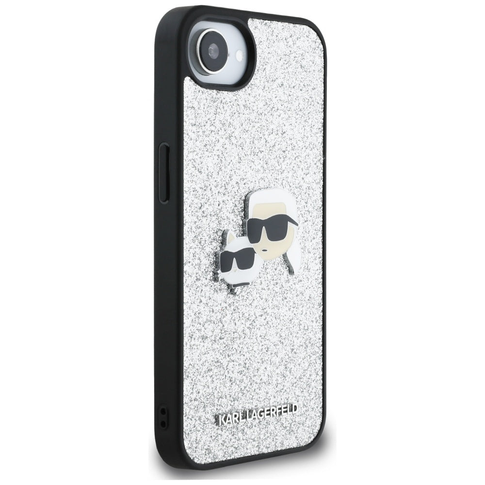 Deksel for Apple iPhone 16e, Karl Lagerfeld, Glitter Fixed Karl & Choupette's Heads, Sølvfarget