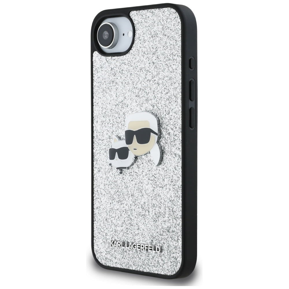 Deksel for Apple iPhone 16e, Karl Lagerfeld, Glitter Fixed Karl & Choupette's Heads, Sølvfarget