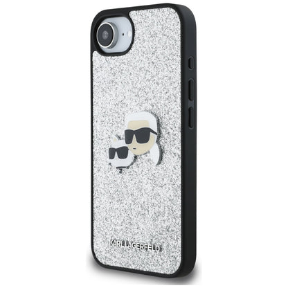 Deksel for Apple iPhone 16e, Karl Lagerfeld, Glitter Fixed Karl & Choupette's Heads, Sølvfarget