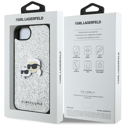 Deksel for Apple iPhone 16e, Karl Lagerfeld, Glitter Fixed Karl & Choupette's Heads, Sølvfarget