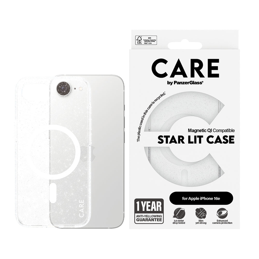 Deksel for Apple iPhone 16e, PanzerGlass, Care Urban Combat Star Lit, Transparent Hvit