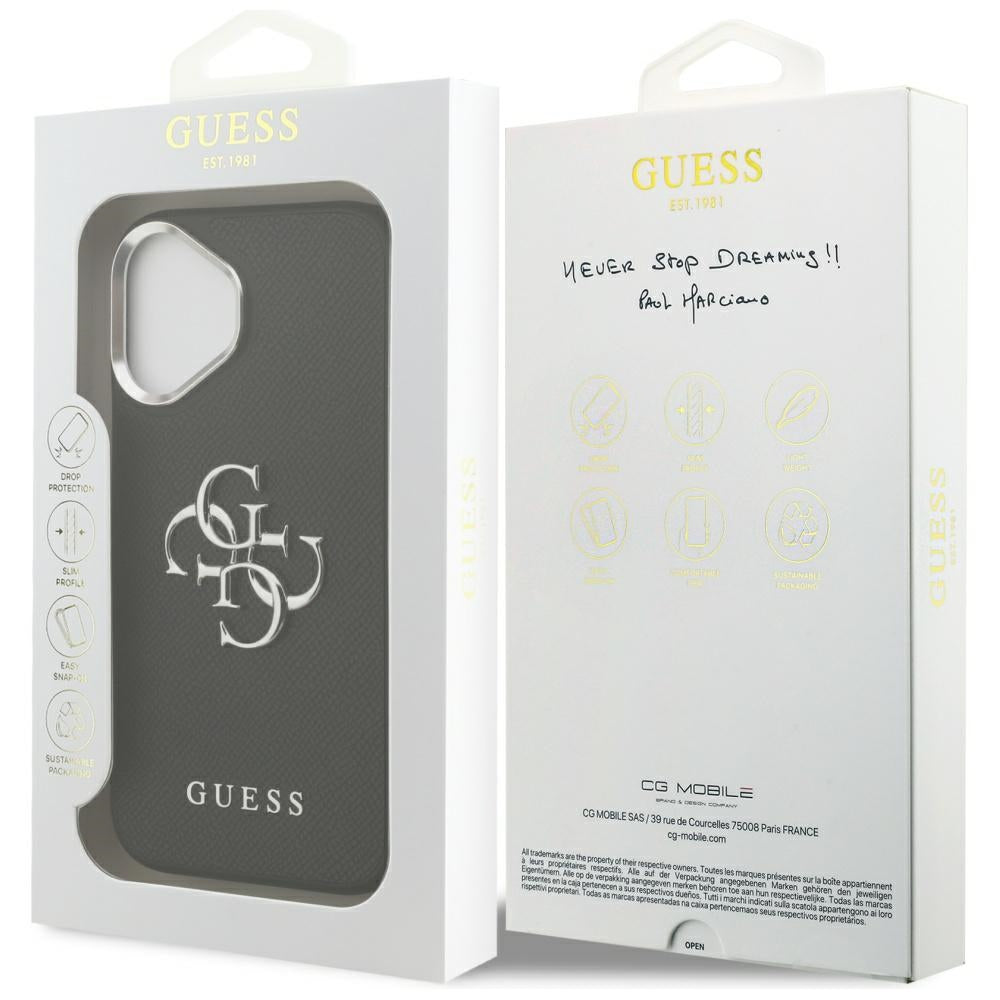 Deksel for Apple iPhone 17, Guess, 4G Grained Big and Classic Logo, Svart Sølv