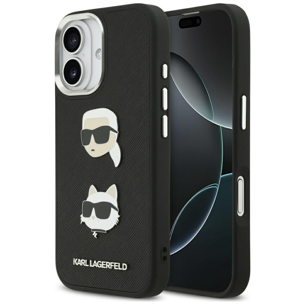 Deksel for Apple iPhone 17, Karl Lagerfeld, Grained Karl & Choupette's Heads Pins and Logo, Svart