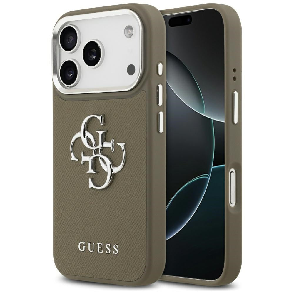 Deksel for Apple iPhone 17 Pro, Guess, 4G Grained Big And Classic Logo, Brun Sølv