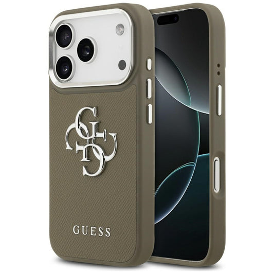 Deksel for Apple iPhone 17 Pro, Guess, 4G Grained Big And Classic Logo, Brun Sølv