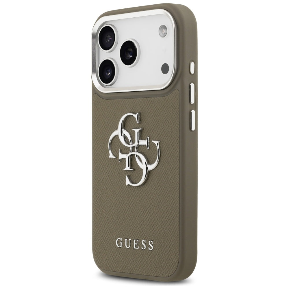Deksel for Apple iPhone 17 Pro, Guess, 4G Grained Big And Classic Logo, Brun Sølv