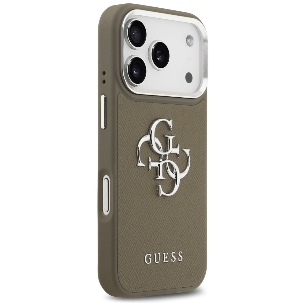 Deksel for Apple iPhone 17 Pro, Guess, 4G Grained Big And Classic Logo, Brun Sølv