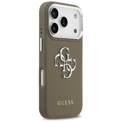 Deksel for Apple iPhone 17 Pro, Guess, 4G Grained Big And Classic Logo, Brun Sølv