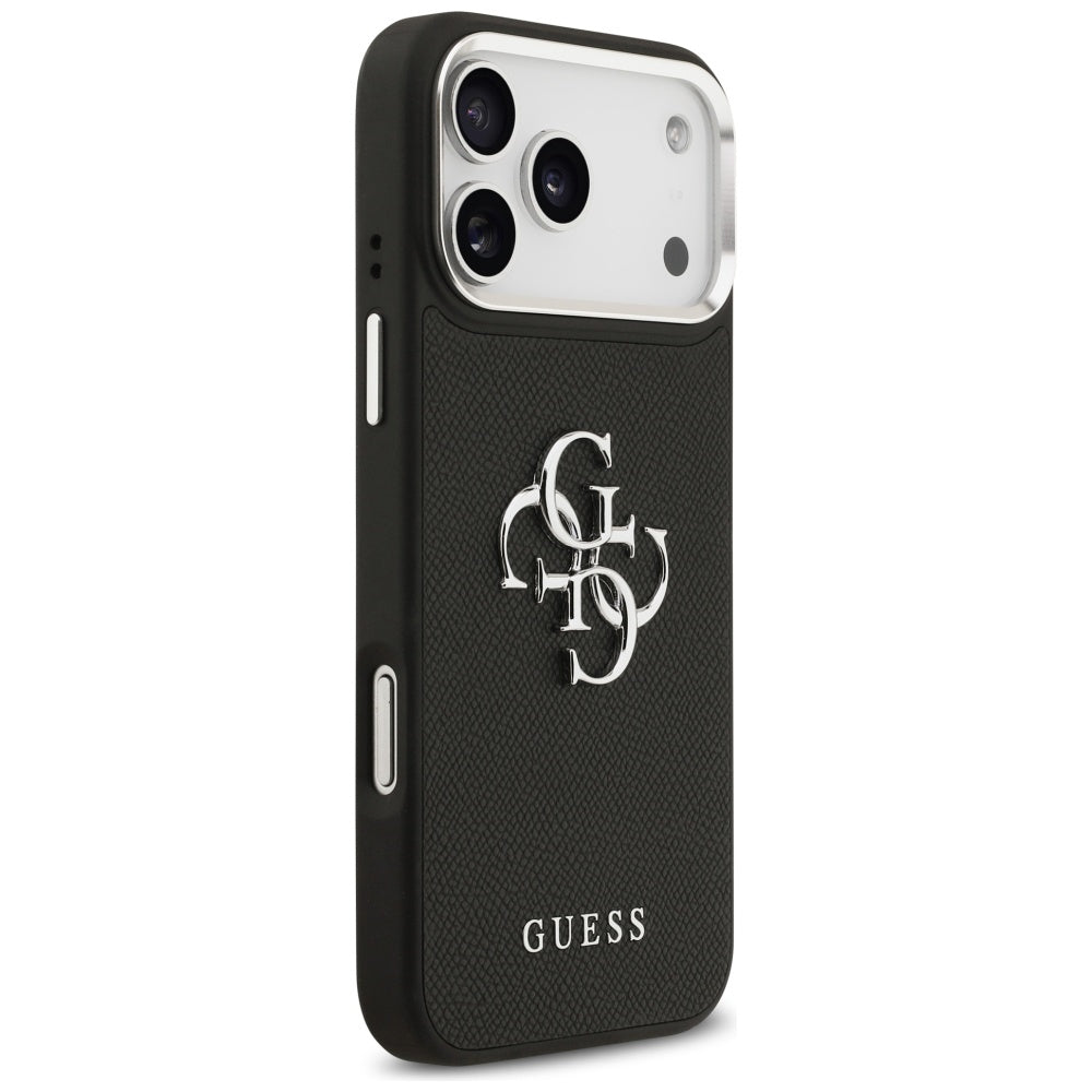 Deksel for Apple iPhone 17 Pro, Guess, 4G Grained Big and Classic Logo, Svart Sølv