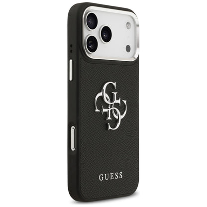 Deksel for Apple iPhone 17 Pro, Guess, 4G Grained Big and Classic Logo, Svart Sølv
