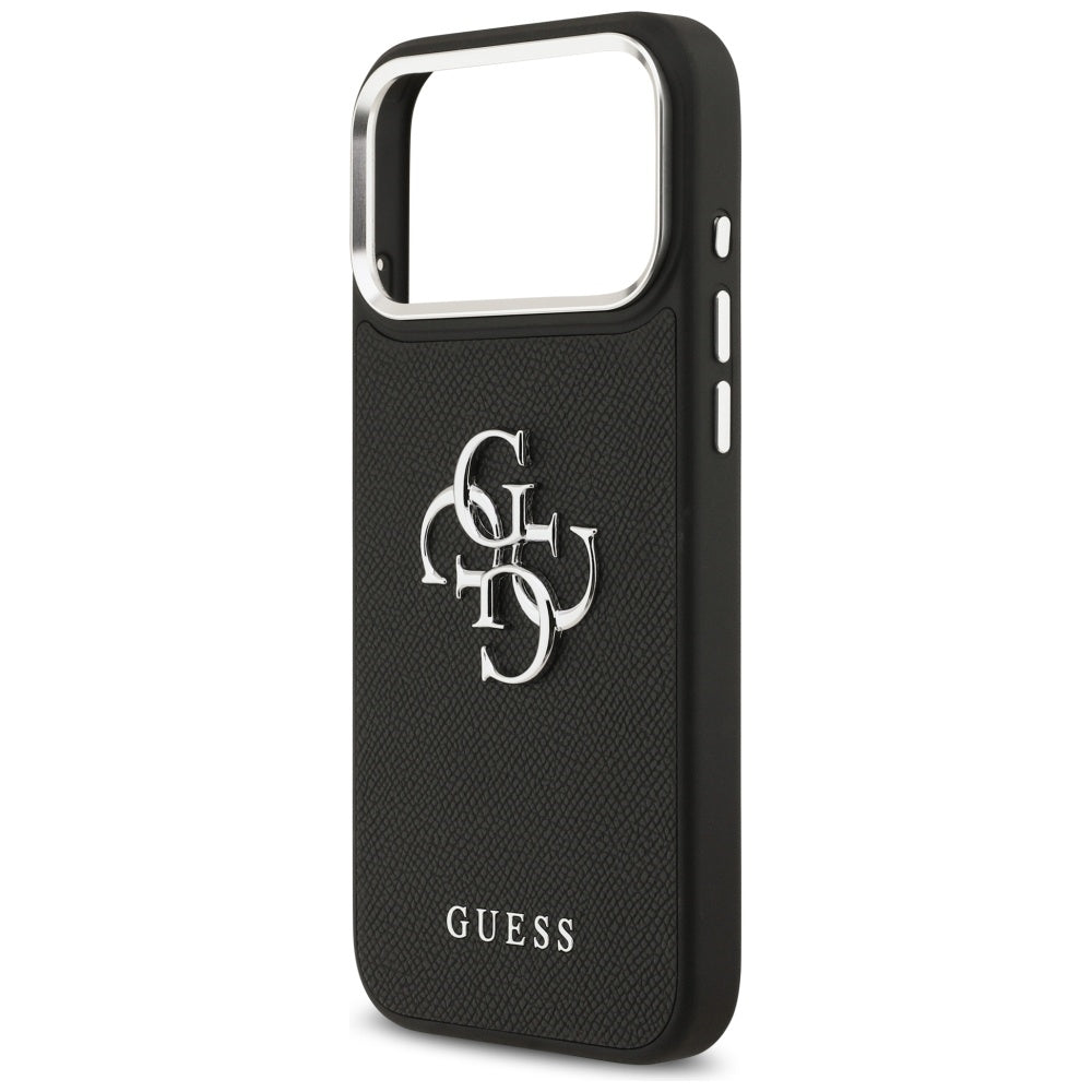 Deksel for Apple iPhone 17 Pro, Guess, 4G Grained Big and Classic Logo, Svart Sølv