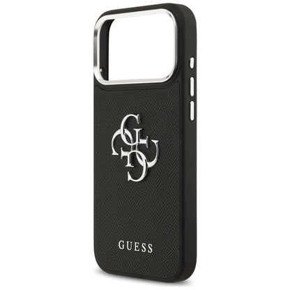 Deksel for Apple iPhone 17 Pro, Guess, 4G Grained Big and Classic Logo, Svart Sølv