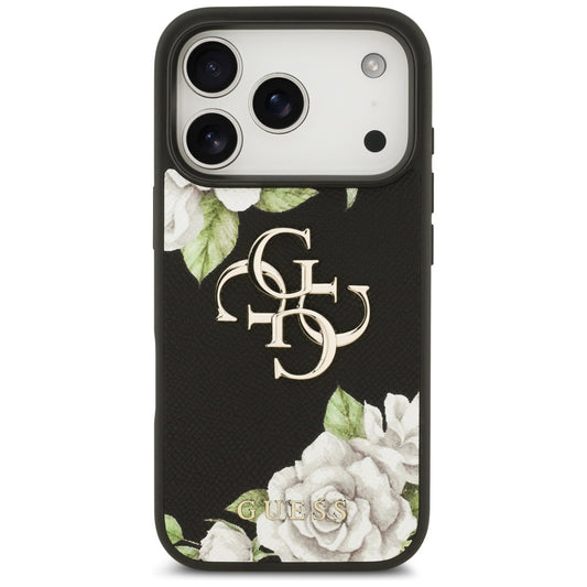 Deksel for Apple iPhone 17 Pro, Guess, 4G Grained Roses Big Logo, Svart