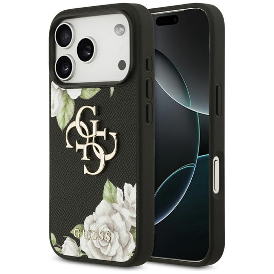 Deksel for Apple iPhone 17 Pro, Guess, 4G Grained Roses Big Logo, Svart