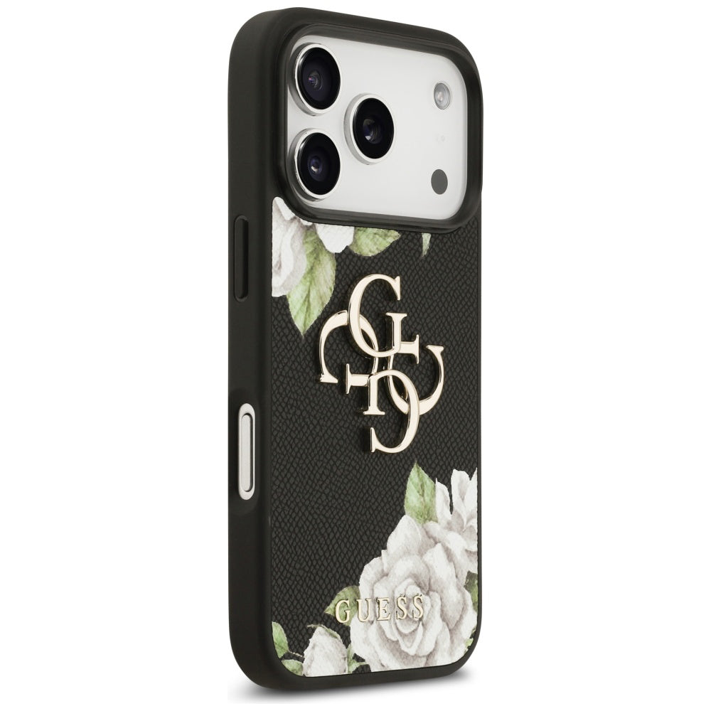 Deksel for Apple iPhone 17 Pro, Guess, 4G Grained Roses Big Logo, Svart