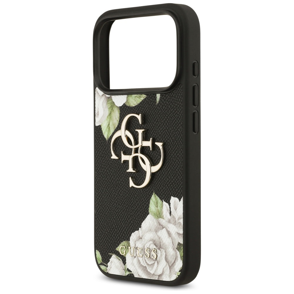 Deksel for Apple iPhone 17 Pro, Guess, 4G Grained Roses Big Logo, Svart