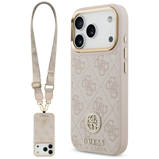 Deksel for Apple iPhone 17 Pro, Guess, 4G Strass Logo and Big Strap, Rosa