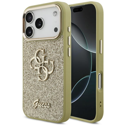 Deksel for Apple iPhone 17 Pro, Guess, Fixed Glitter Big 4G Metal Frame, Gull