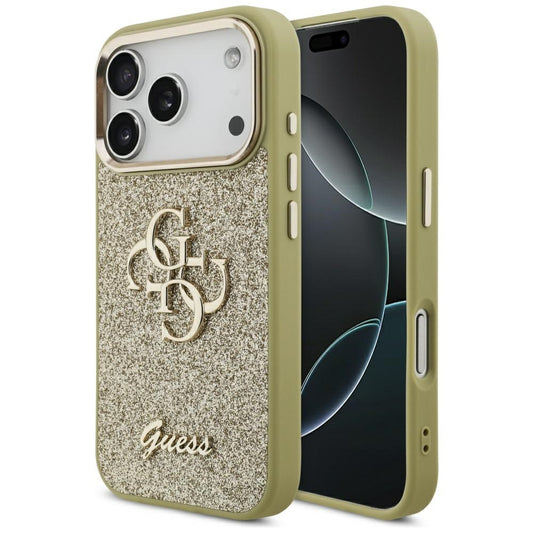 Deksel for Apple iPhone 17 Pro, Guess, Fixed Glitter Big 4G Metal Frame, Gull
