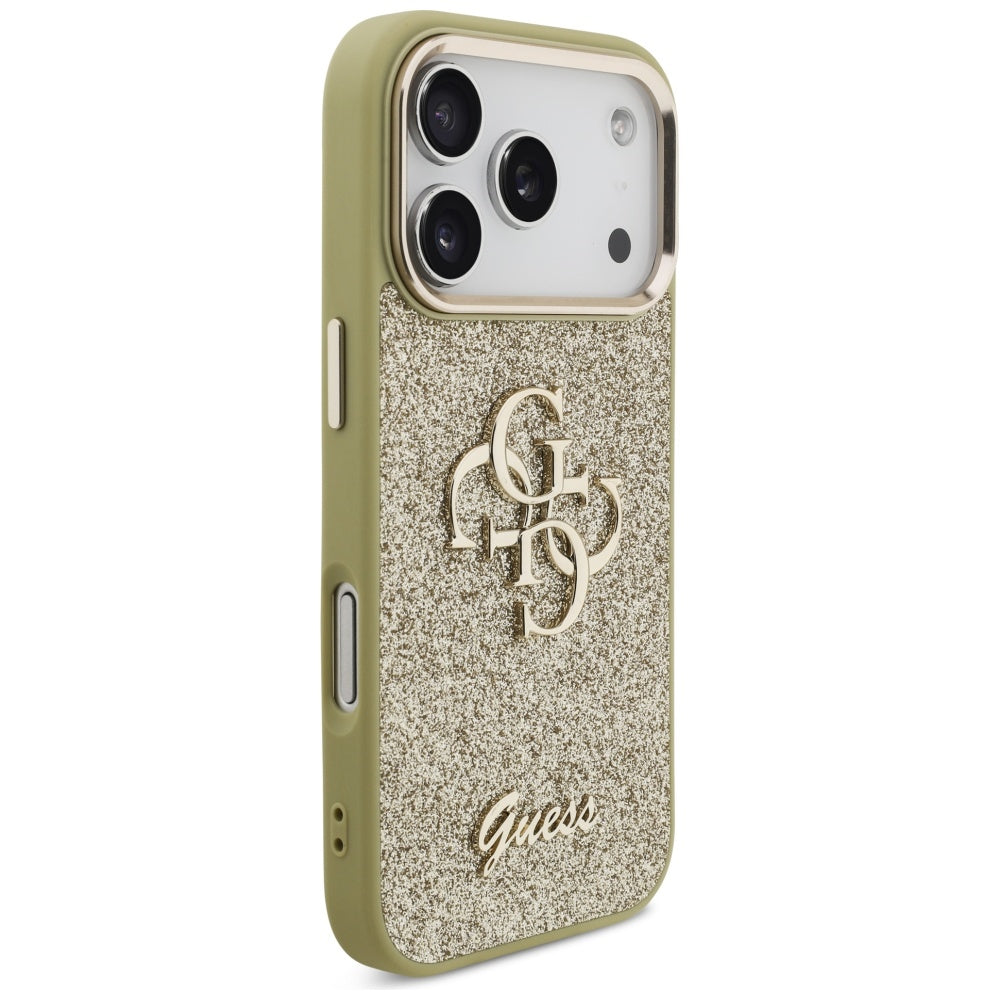 Deksel for Apple iPhone 17 Pro, Guess, Fixed Glitter Big 4G Metal Frame, Gull