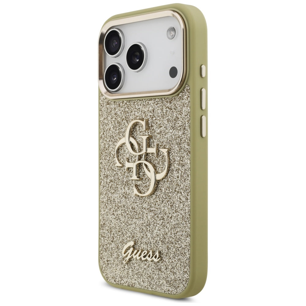 Deksel for Apple iPhone 17 Pro, Guess, Fixed Glitter Big 4G Metal Frame, Gull