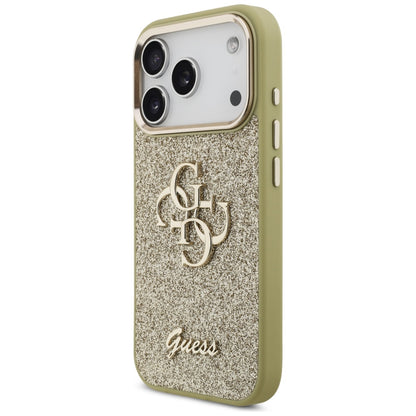 Deksel for Apple iPhone 17 Pro, Guess, Fixed Glitter Big 4G Metal Frame, Gull