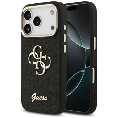 Deksel for Apple iPhone 17 Pro, Guess, Fixed Glitter Big 4G Metal Frame, Svart
