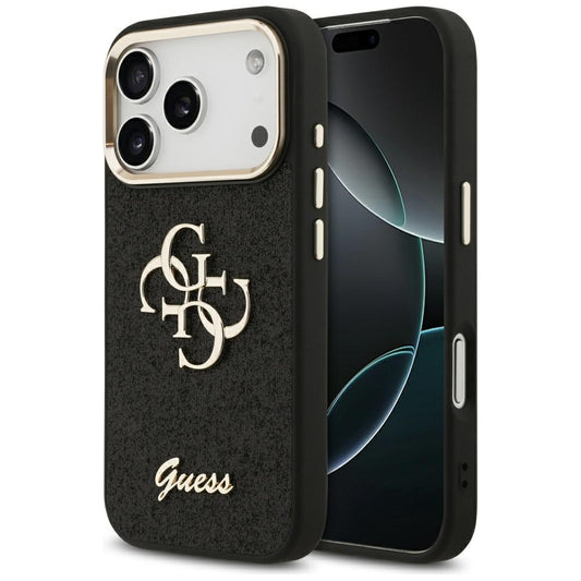 Deksel for Apple iPhone 17 Pro, Guess, Fixed Glitter Big 4G Metal Frame, Svart