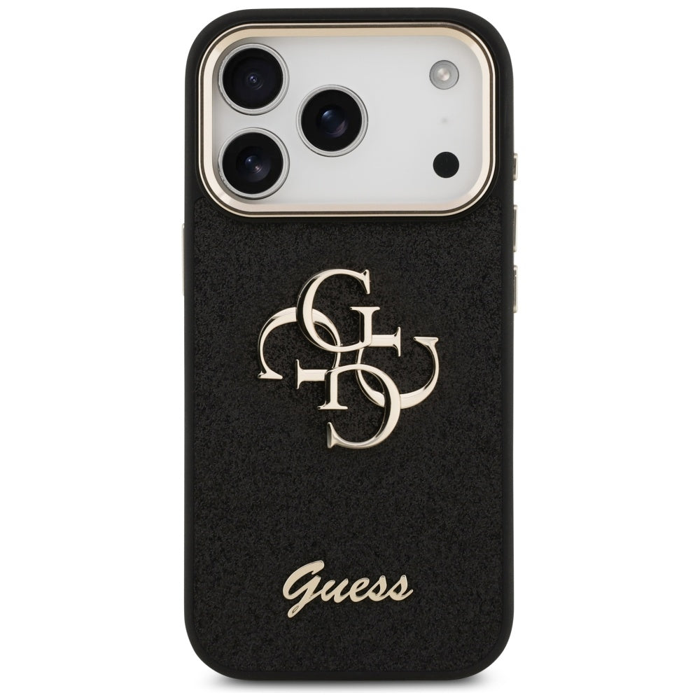 Deksel for Apple iPhone 17 Pro, Guess, Fixed Glitter Big 4G Metal Frame, Svart