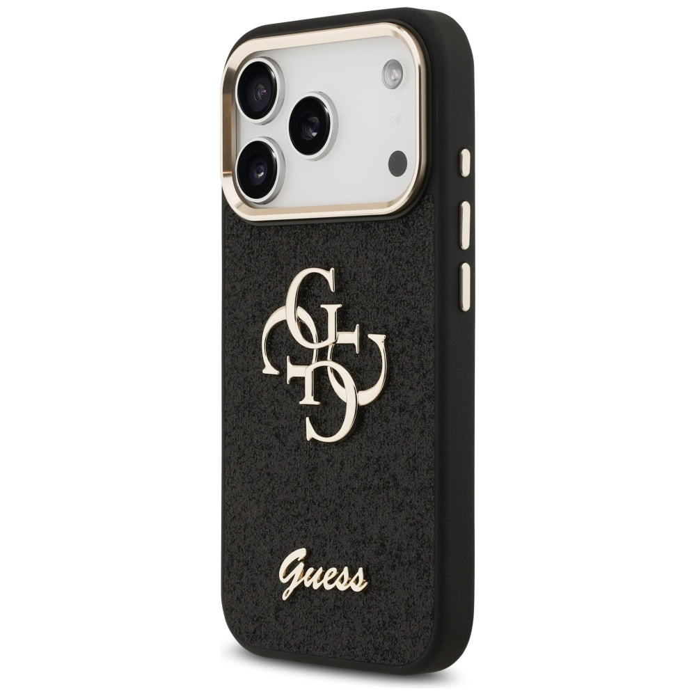 Deksel for Apple iPhone 17 Pro, Guess, Fixed Glitter Big 4G Metal Frame, Svart