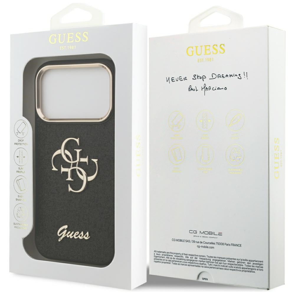 Deksel for Apple iPhone 17 Pro, Guess, Fixed Glitter Big 4G Metal Frame, Svart