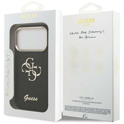 Deksel for Apple iPhone 17 Pro, Guess, Fixed Glitter Big 4G Metal Frame, Svart