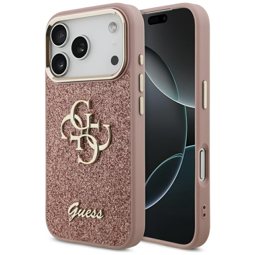 Deksel for Apple iPhone 17 Pro, Guess, Fixed Glitter Big 4G Metal Frame, Rosa