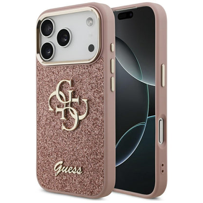 Deksel for Apple iPhone 17 Pro, Guess, Fixed Glitter Big 4G Metal Frame, Rosa