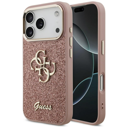 Deksel for Apple iPhone 17 Pro, Guess, Fixed Glitter Big 4G Metal Frame, Rosa