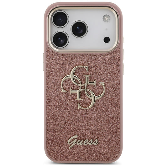 Deksel for Apple iPhone 17 Pro, Guess, Fixed Glitter Big 4G Metal Frame, Rosa