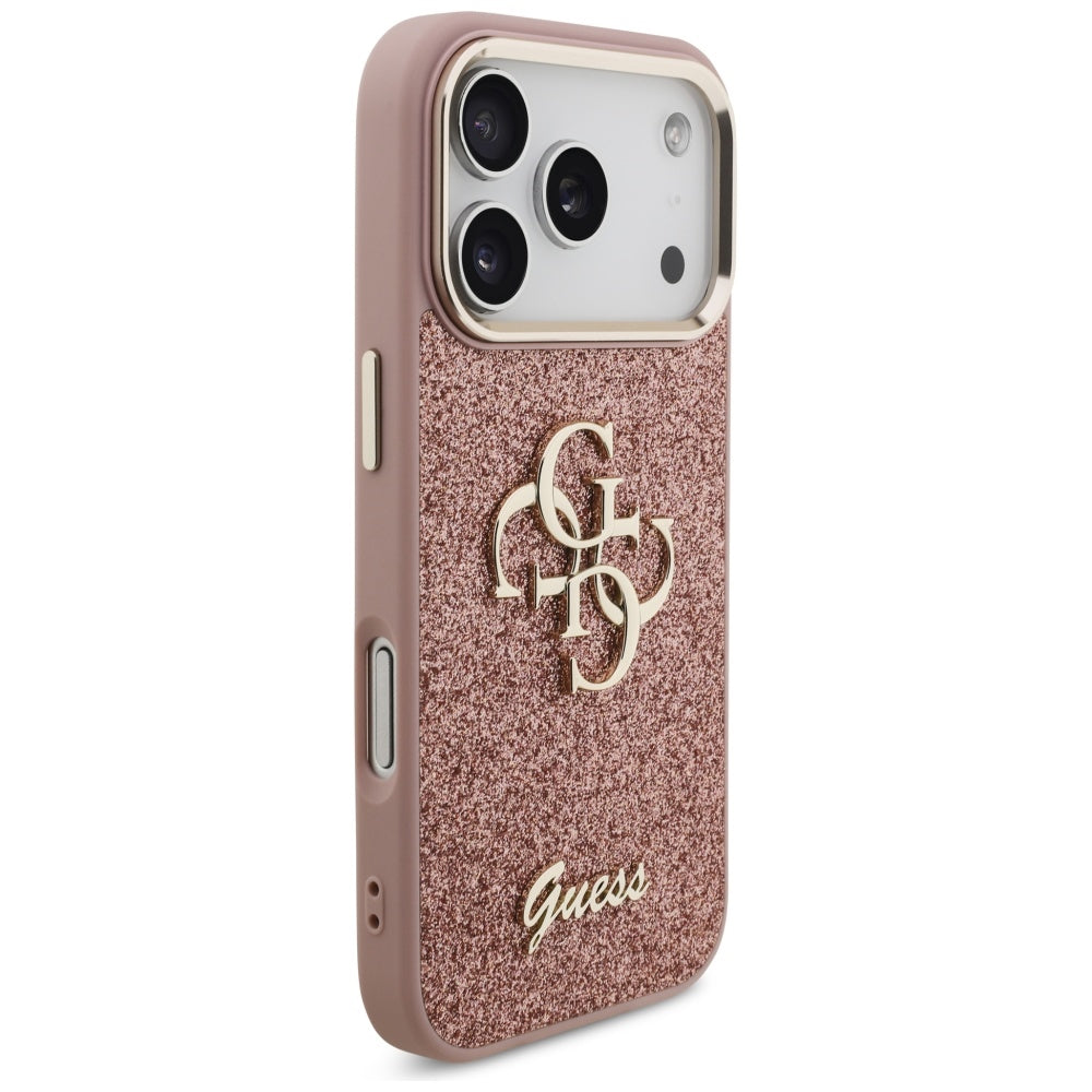 Deksel for Apple iPhone 17 Pro, Guess, Fixed Glitter Big 4G Metal Frame, Rosa