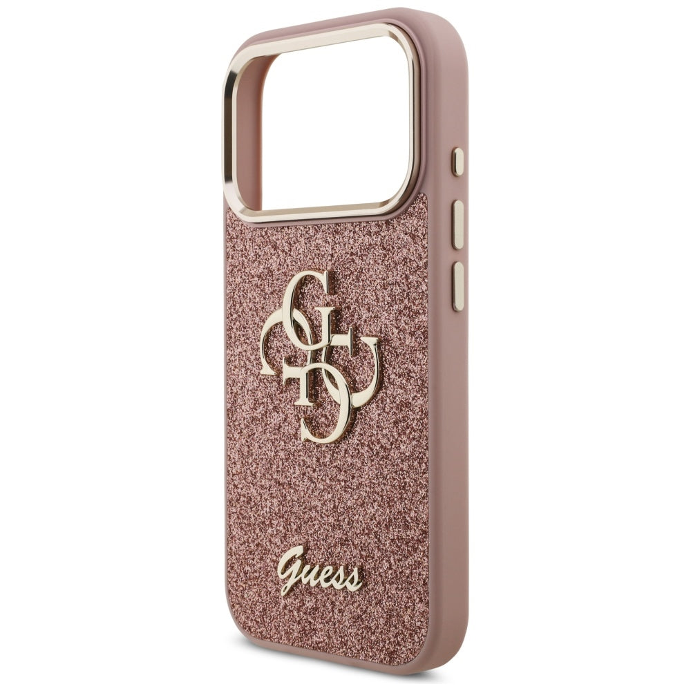 Deksel for Apple iPhone 17 Pro, Guess, Fixed Glitter Big 4G Metal Frame, Rosa