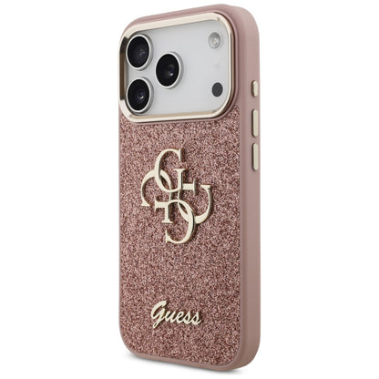 Deksel for Apple iPhone 17 Pro, Guess, Fixed Glitter Big 4G Metal Frame, Rosa