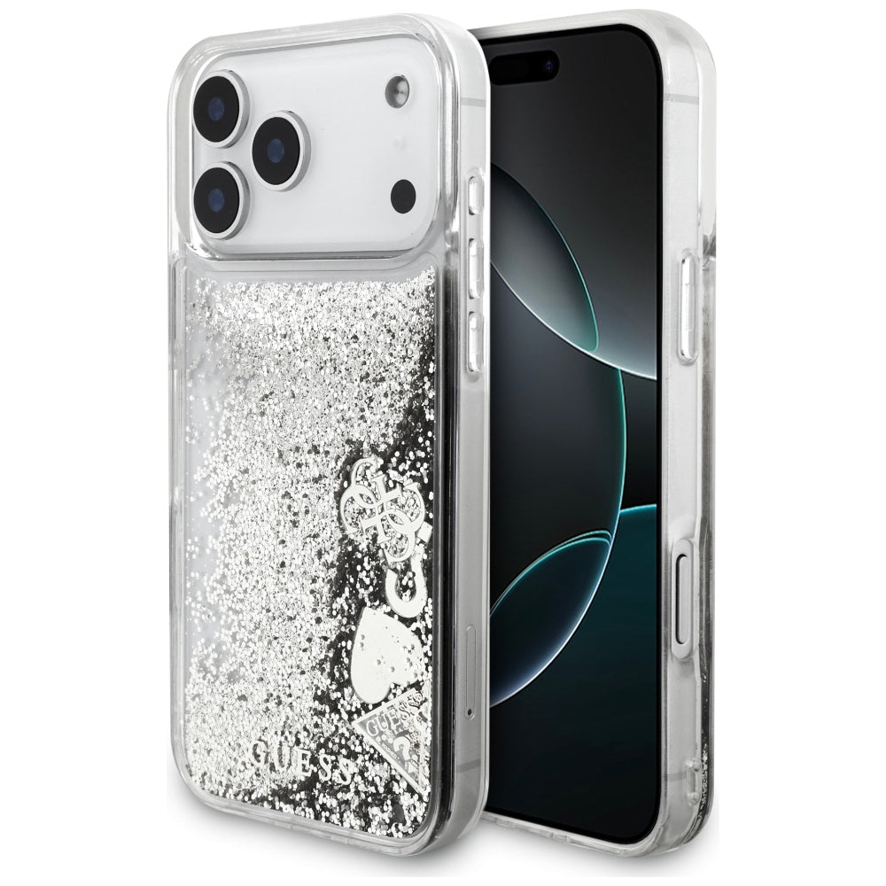 Deksel for Apple iPhone 17 Pro, Guess, Liquid Glitter Charms, Sølvfarget