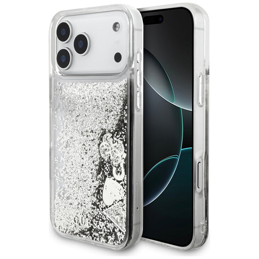 Deksel for Apple iPhone 17 Pro, Guess, Liquid Glitter Charms, Sølvfarget