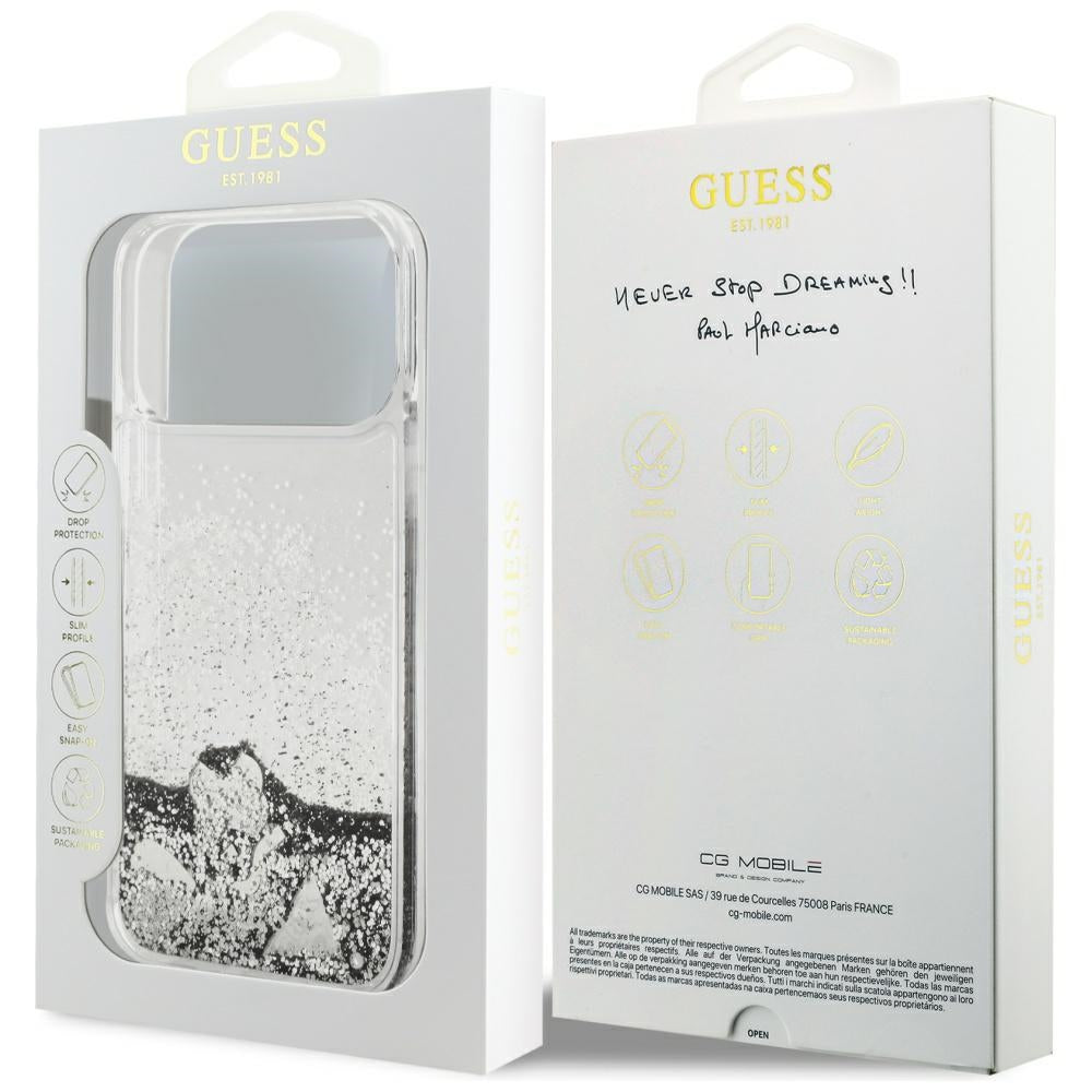 Deksel for Apple iPhone 17 Pro, Guess, Liquid Glitter Charms, Sølvfarget