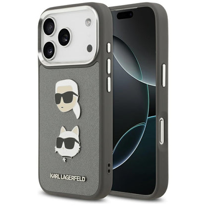Deksel for Apple iPhone 17 Pro, Karl Lagerfeld, Grained Karl & Choupette's Heads Pins and Logo, Grå