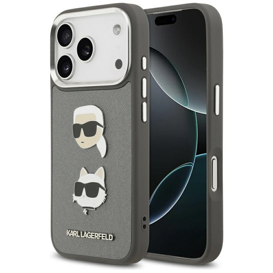 Deksel for Apple iPhone 17 Pro, Karl Lagerfeld, Grained Karl & Choupette's Heads Pins and Logo, Grå