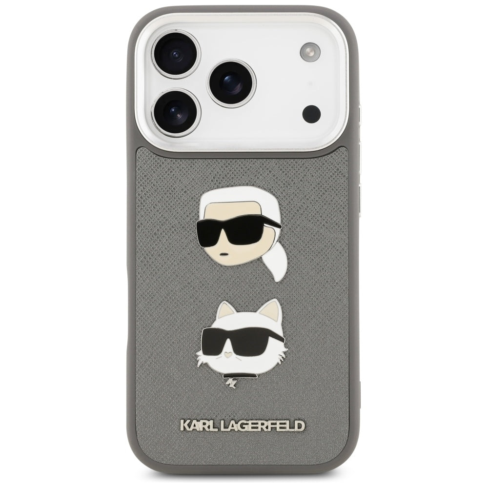Deksel for Apple iPhone 17 Pro, Karl Lagerfeld, Grained Karl & Choupette's Heads Pins and Logo, Grå