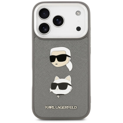 Deksel for Apple iPhone 17 Pro, Karl Lagerfeld, Grained Karl & Choupette's Heads Pins and Logo, Grå