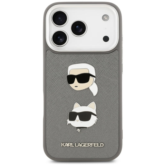 Deksel for Apple iPhone 17 Pro, Karl Lagerfeld, Grained Karl & Choupette's Heads Pins and Logo, Grå